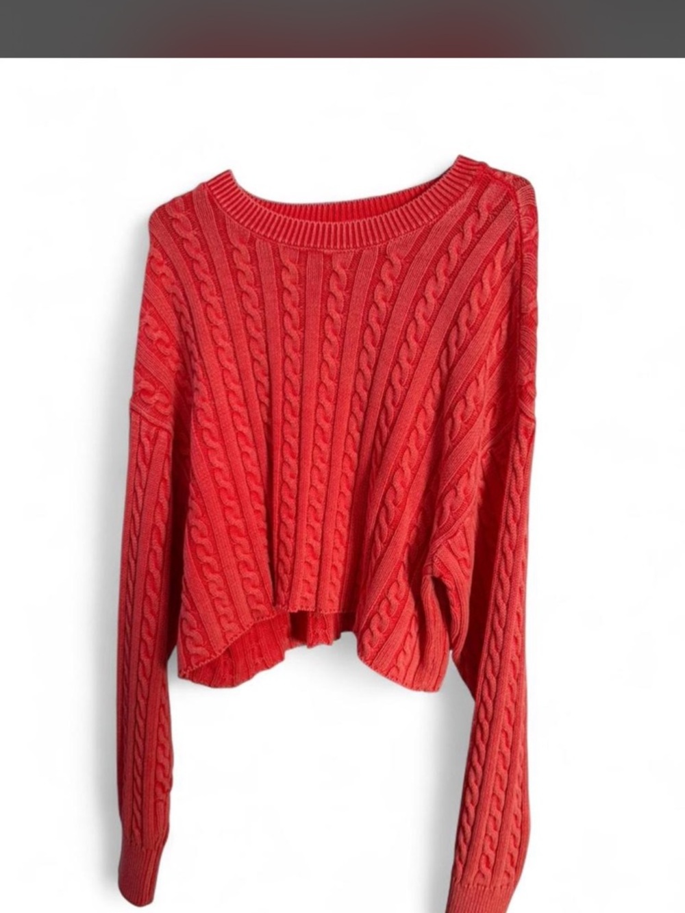 aerie Coral-Red Cable Knit Cropped Crew Sweater